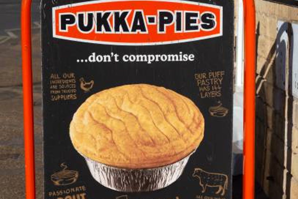 Pukka-Pies Takeaway sign outside chip shop, Wickham Market, Suffolk, England, UK (file image)