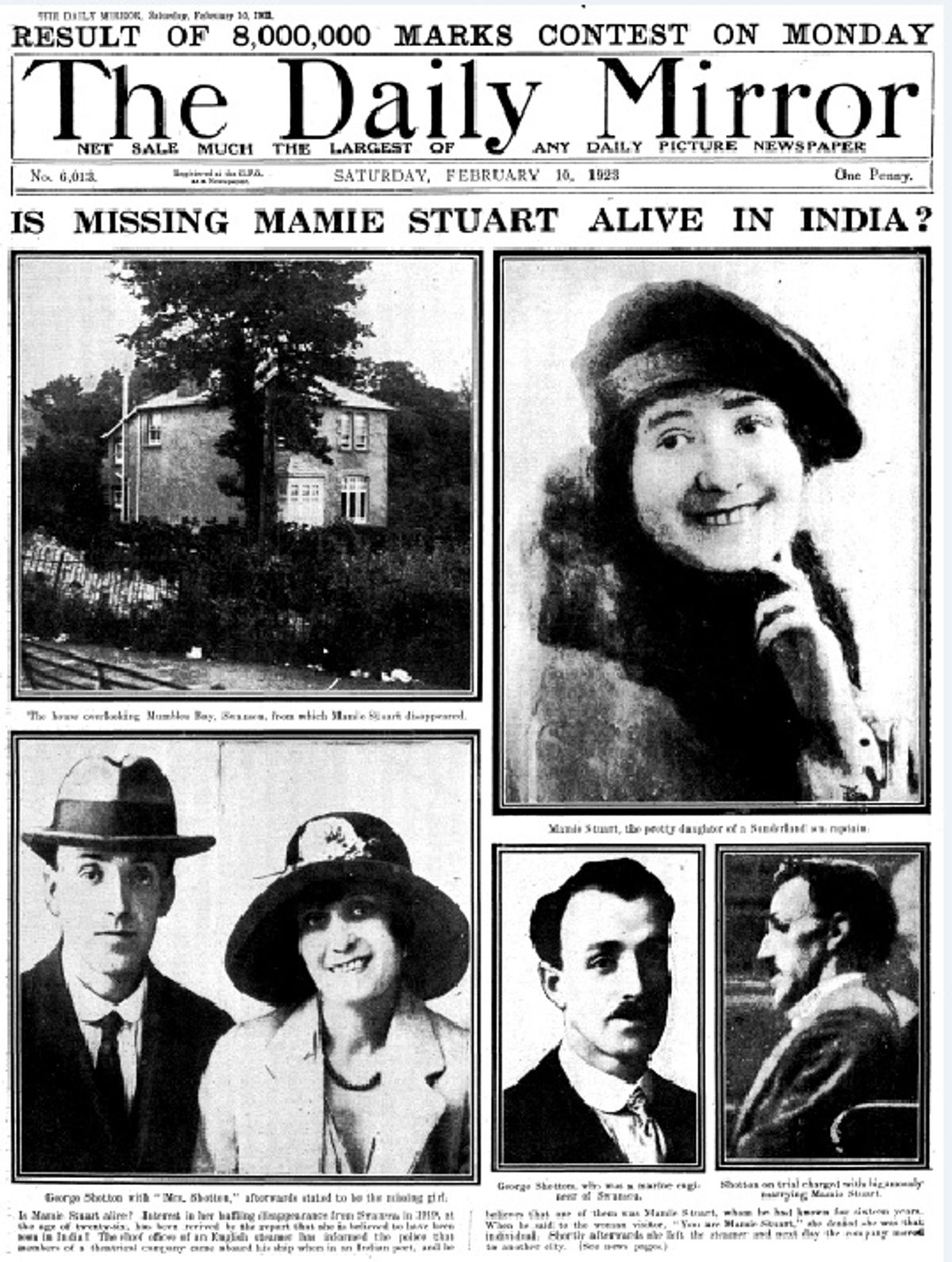 A possible sighting of Mamie Stuart in India in 1923 made the front page of the Daily Mirror