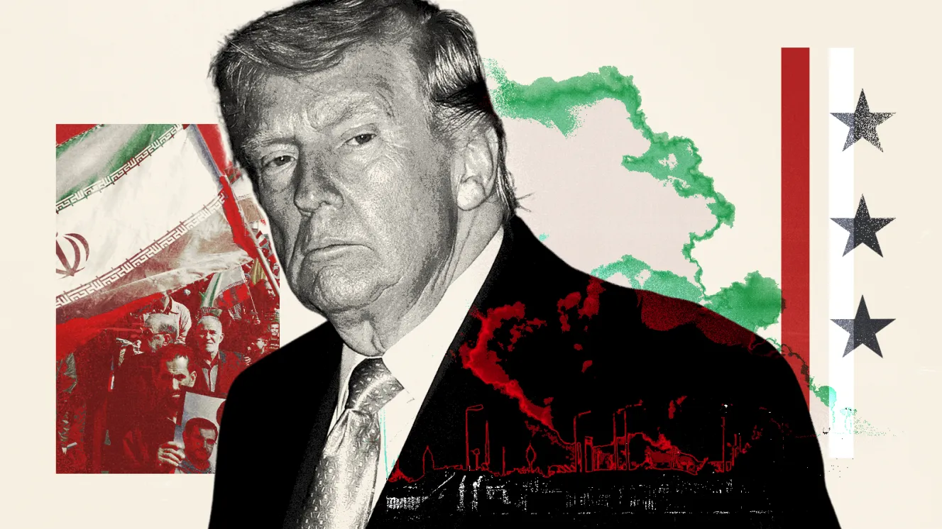 Illustration of Donald Trump, the Iranian flag, and an outline of Iran.