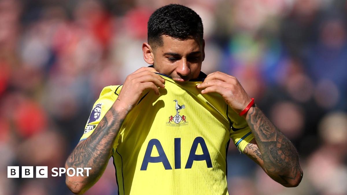 Tottenham's Cristian Romero bites his shirt as he is substituted in their Premier League game against Sunderland