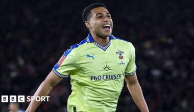 Shea Charles celebrates scoring against Arsenal