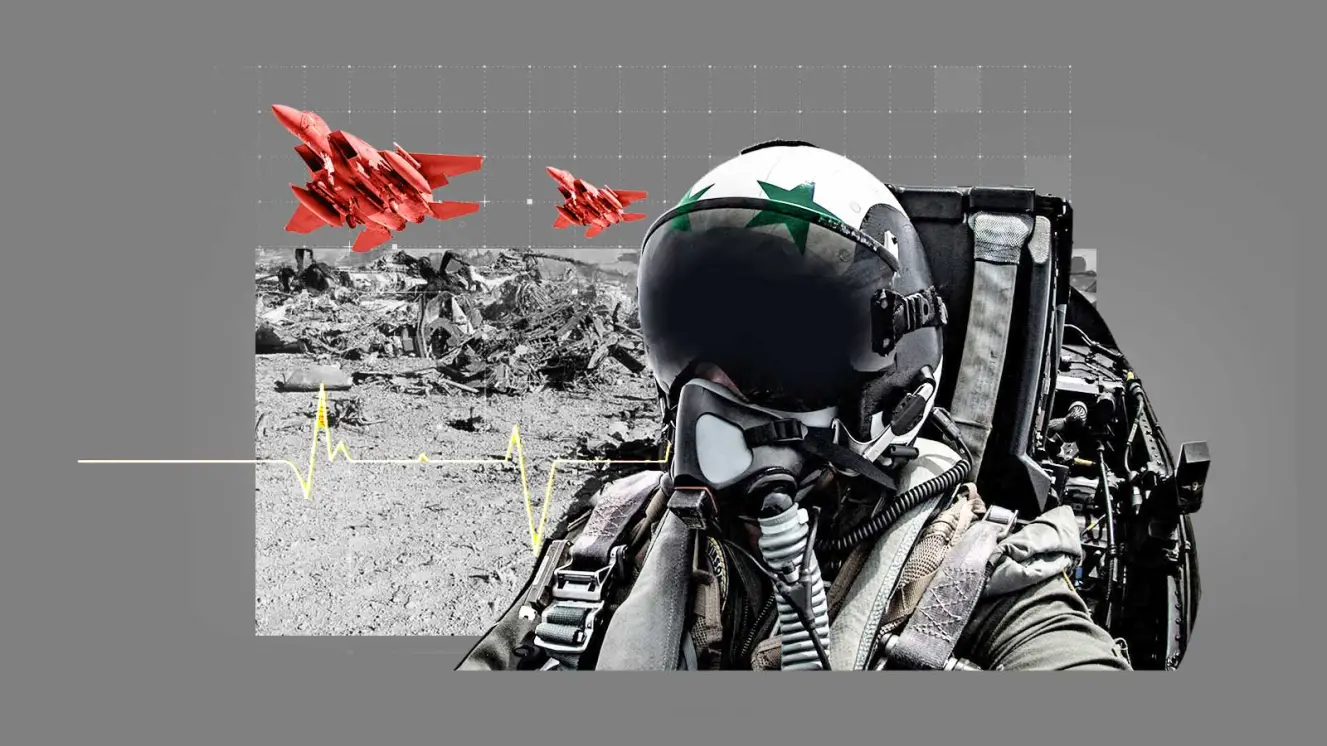 Illustration of a fighter pilot and fighter jets flying over a destroyed landscape, with a heart rate monitor line.