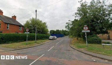 Streetview image of the entrance to Baines Lane, a semi rural road with hedges and trees