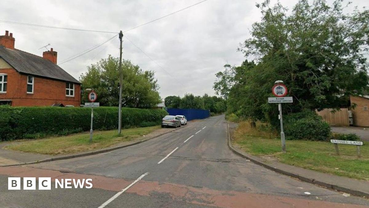 Streetview image of the entrance to Baines Lane, a semi rural road with hedges and trees