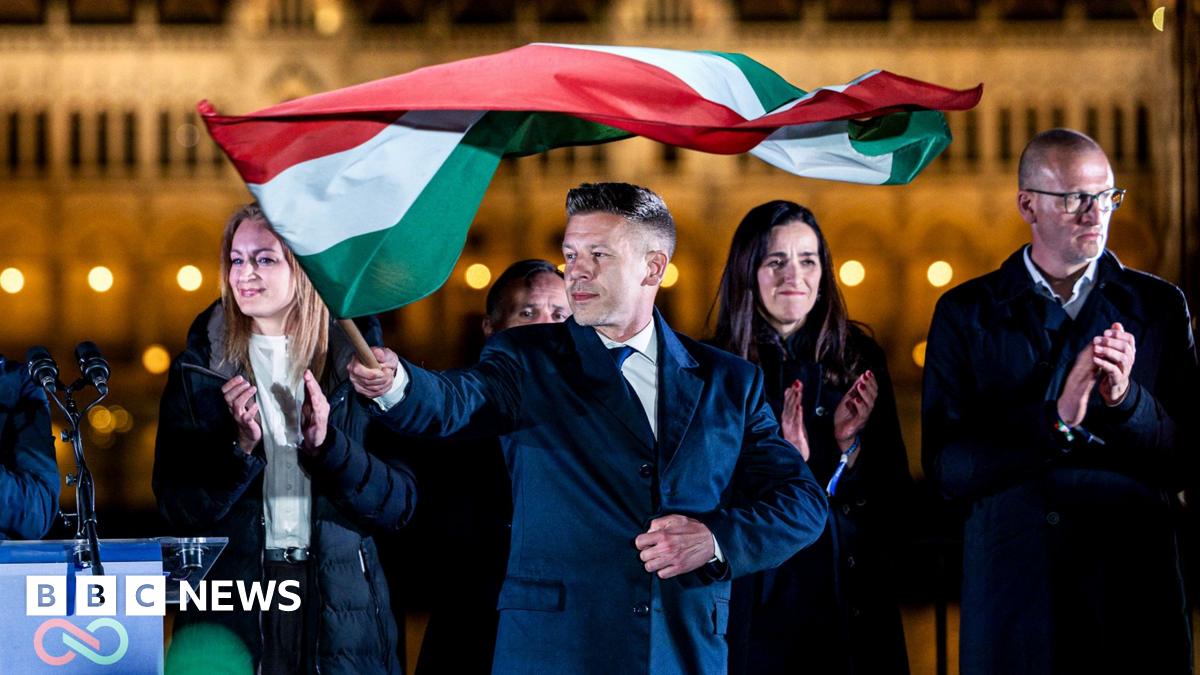 Magyar pictured in the dark holding the flag of Hungary and looking towards left of frame in front of other party members clapping with parliament in background as they celebrate after winning the election.