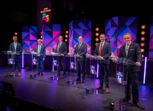 John Swinney appearing in the first televised debate of the election campaign 