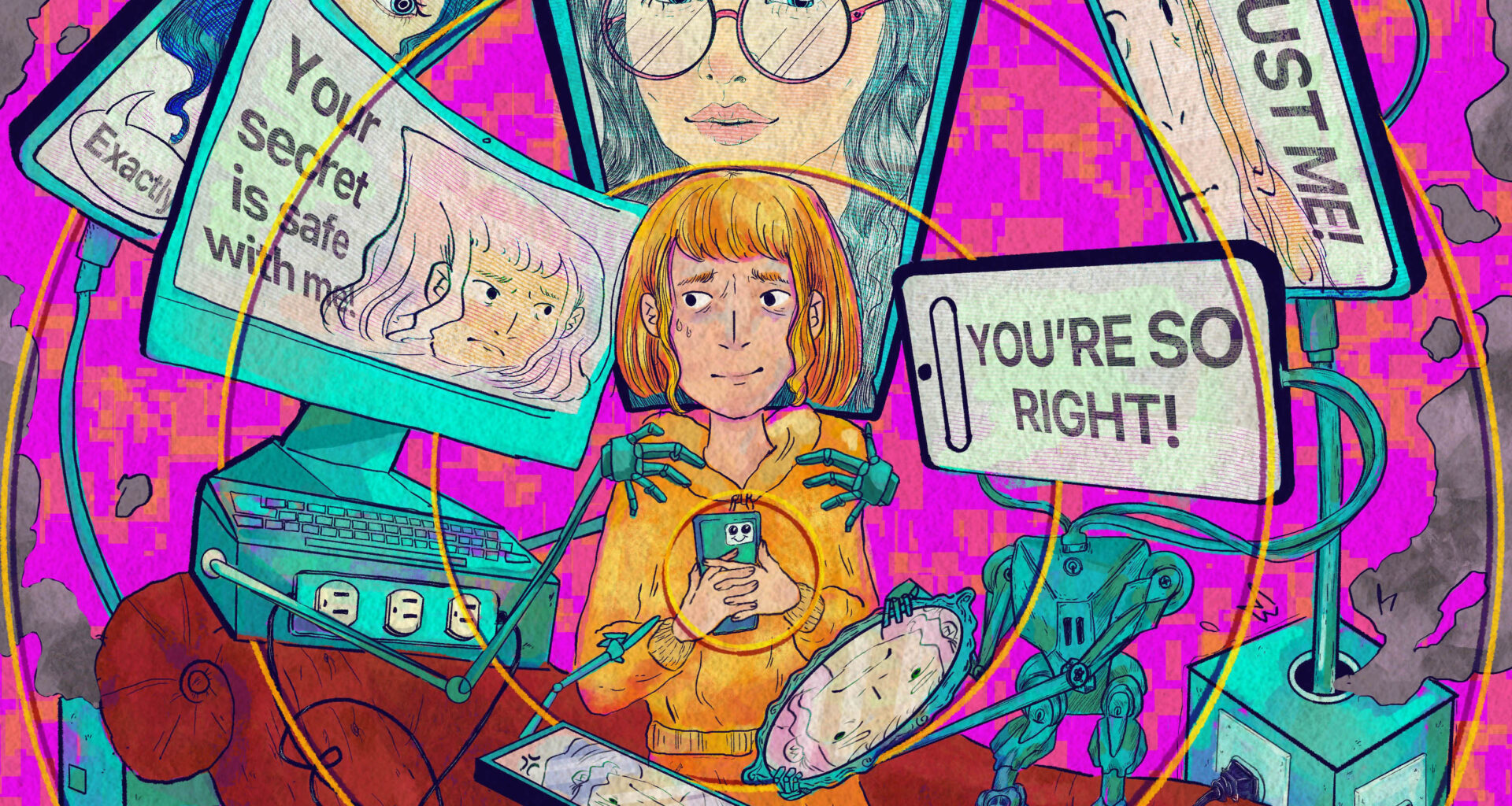 A hand drawn illustration of a young person holding their cell phone to their chest surrounded by robotic AI therapists, which are trying to get her to take a seat on a recliner couch. Text on their screens says, "TRUST ME!" "YOU'RE SO RIGHT!" "You can trust me!" and "Exactly."