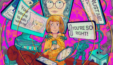 A hand drawn illustration of a young person holding their cell phone to their chest surrounded by robotic AI therapists, which are trying to get her to take a seat on a recliner couch. Text on their screens says, "TRUST ME!" "YOU'RE SO RIGHT!" "You can trust me!" and "Exactly."