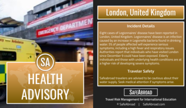 Eight people have been diagnosed with Legionnaires' disease in London, United Kingdom; monitor for symptoms.