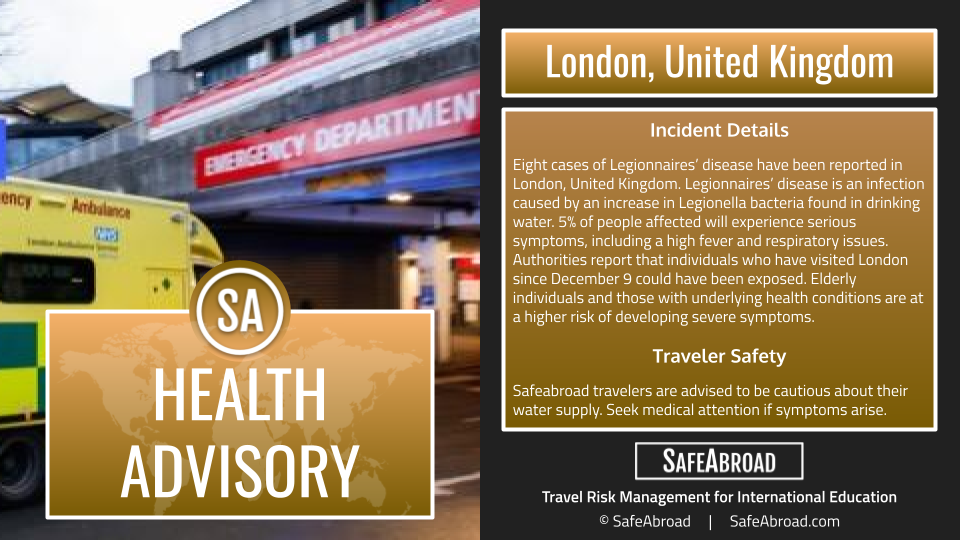 Eight people have been diagnosed with Legionnaires' disease in London, United Kingdom; monitor for symptoms.