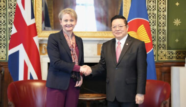 The United Kingdom&rsquo;s Secretary of State for Foreign, Commonwealth and Development Affairs, Yvette Cooper MP (left) meets with ASEAN Secretary-General Kao Kim Hourn on Feb. 10 in London.