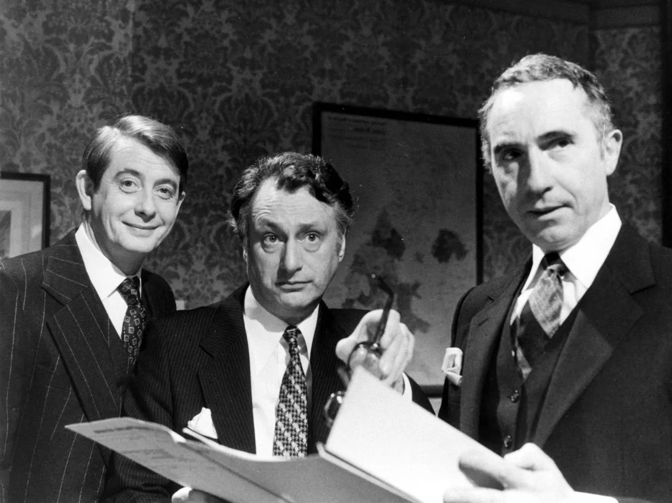 Cast members of "Yes Minister" L-R Derek Fowlds, Paul Eddington, and Sir Nigel Hawthorne.