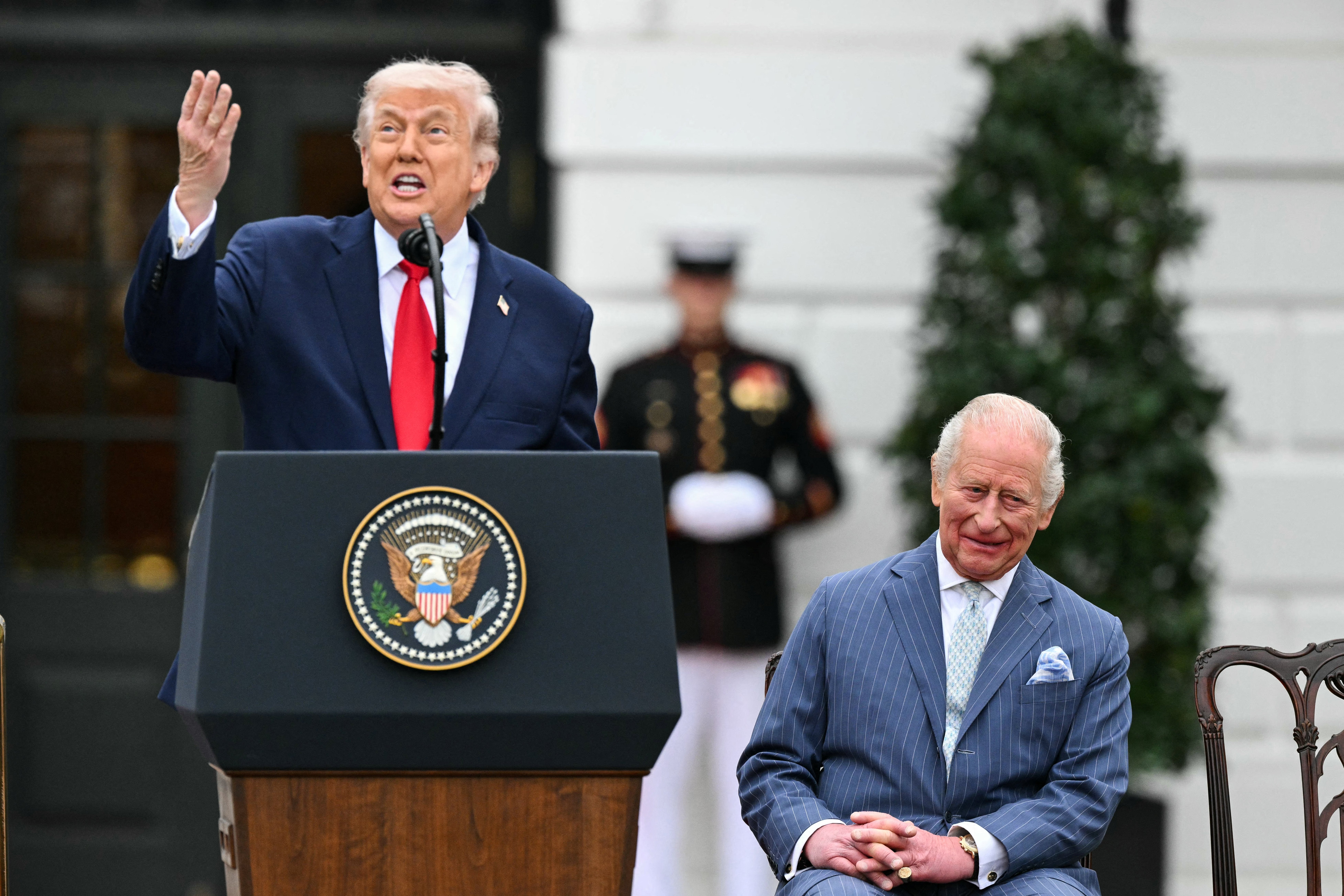 ‘That's a record we won't be able to match, darling,’ President Donald YTrump joked to his wife, Melania, as King Charles looked on at the White House Tuesday.