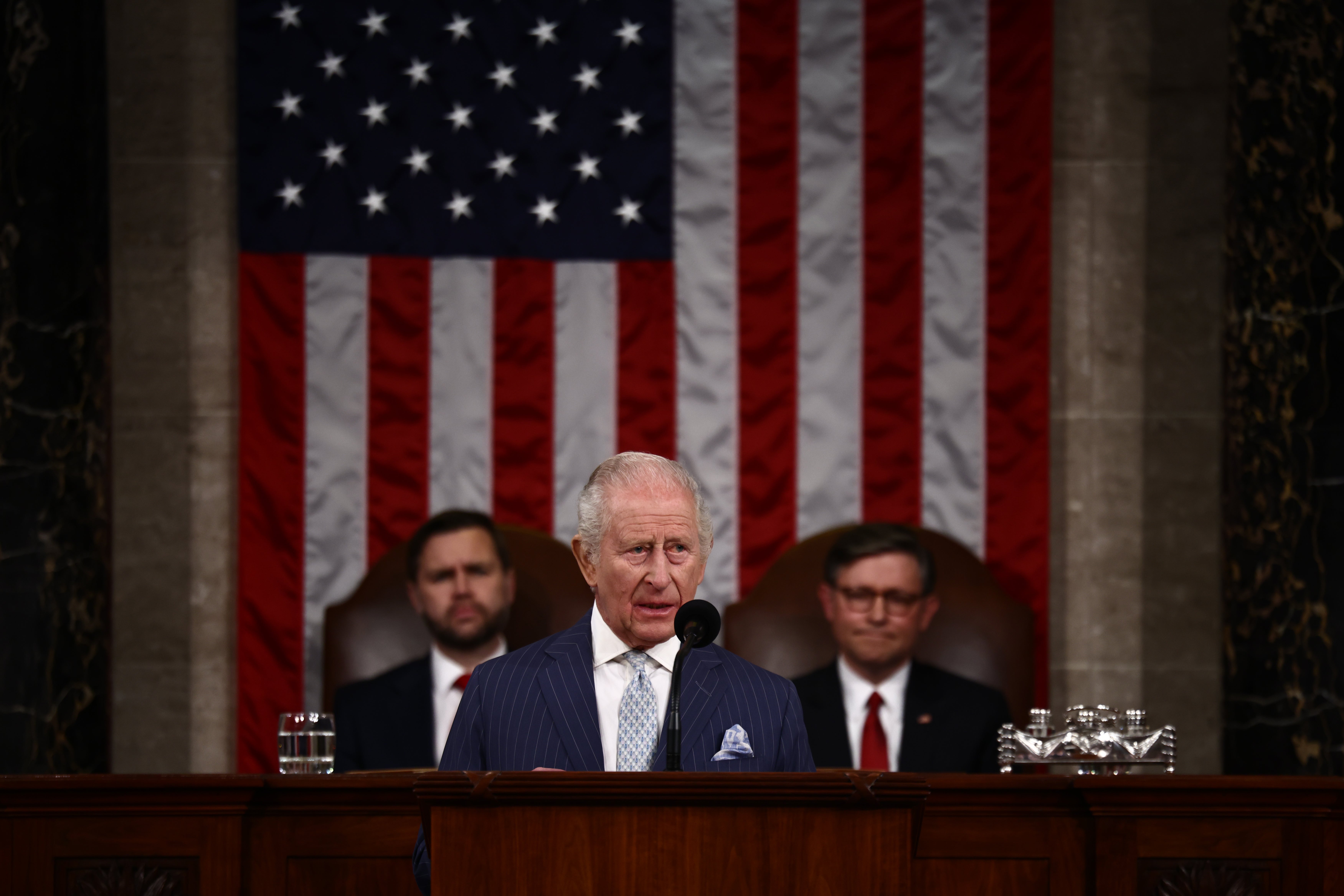 King Charles gives his address to both chambers of Congress as Vice President JD Vance (left) and U.S. Speaker of the House Mike Johnson (right) listen