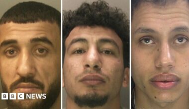 Three pictures of men's faces up close. They all have brown eyes.