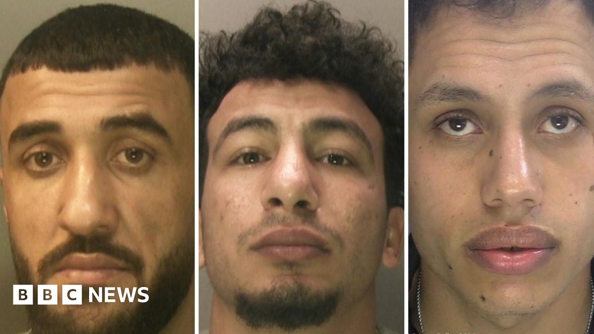 Three pictures of men's faces up close. They all have brown eyes.