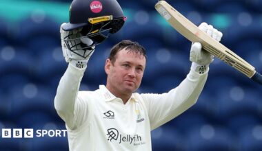 Glamorgan's Colin Ingram celebrates his century against Yorkshire in Cardiff