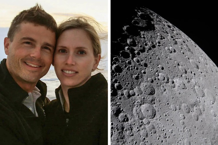 NASA astronaut Reid Wiseman with his late wife, Carroll Taylor Wiseman; craters on the moon as seen from the Orion spacecraft Monday. 