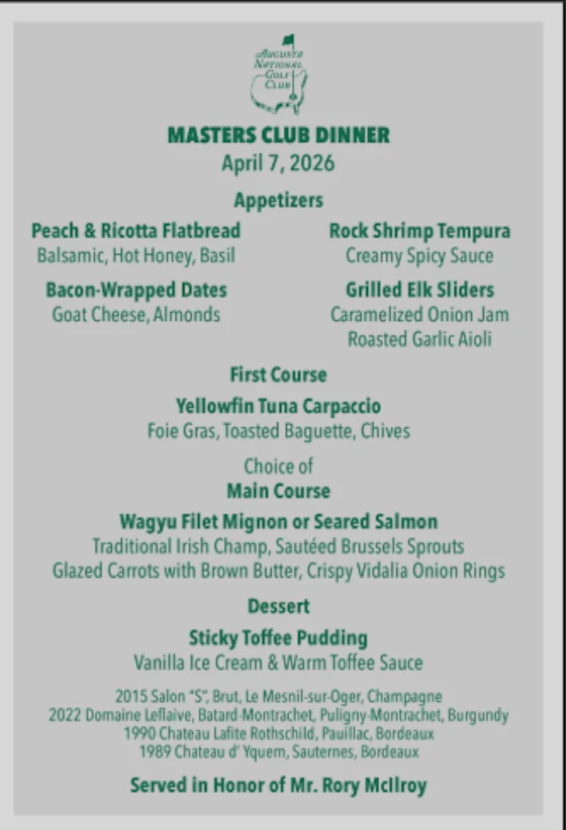 McIlroy's chosen menu for the Masters dinner