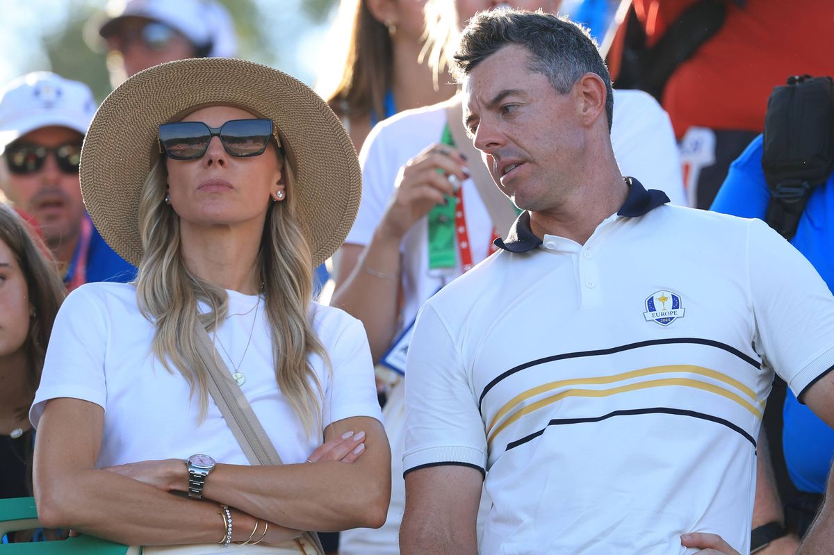 Rory McIlroy and his wife Erica by the 17th green during the Sunday singles matches at the 2025 Ryder Cup