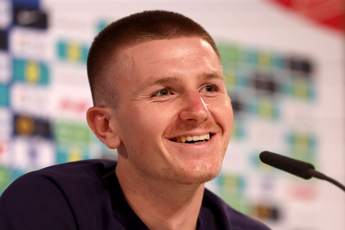 Adam Wharton of England talks to the media