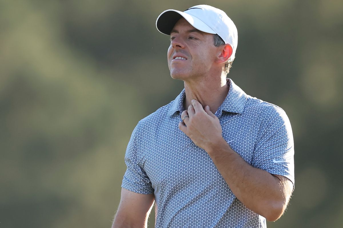 Rory McIlroy reacts and looks on at the 2026 Masters