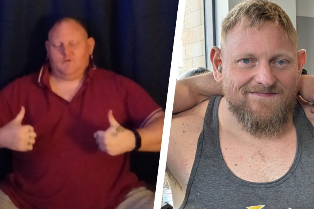 Mark pictured before and after his incredible weight loss