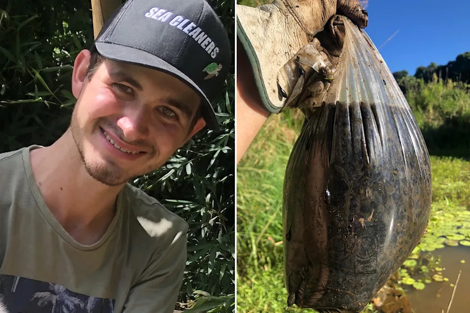 Left: Patrick Brabant. Right: Patrick holds large bag of cane toad tadpoles.