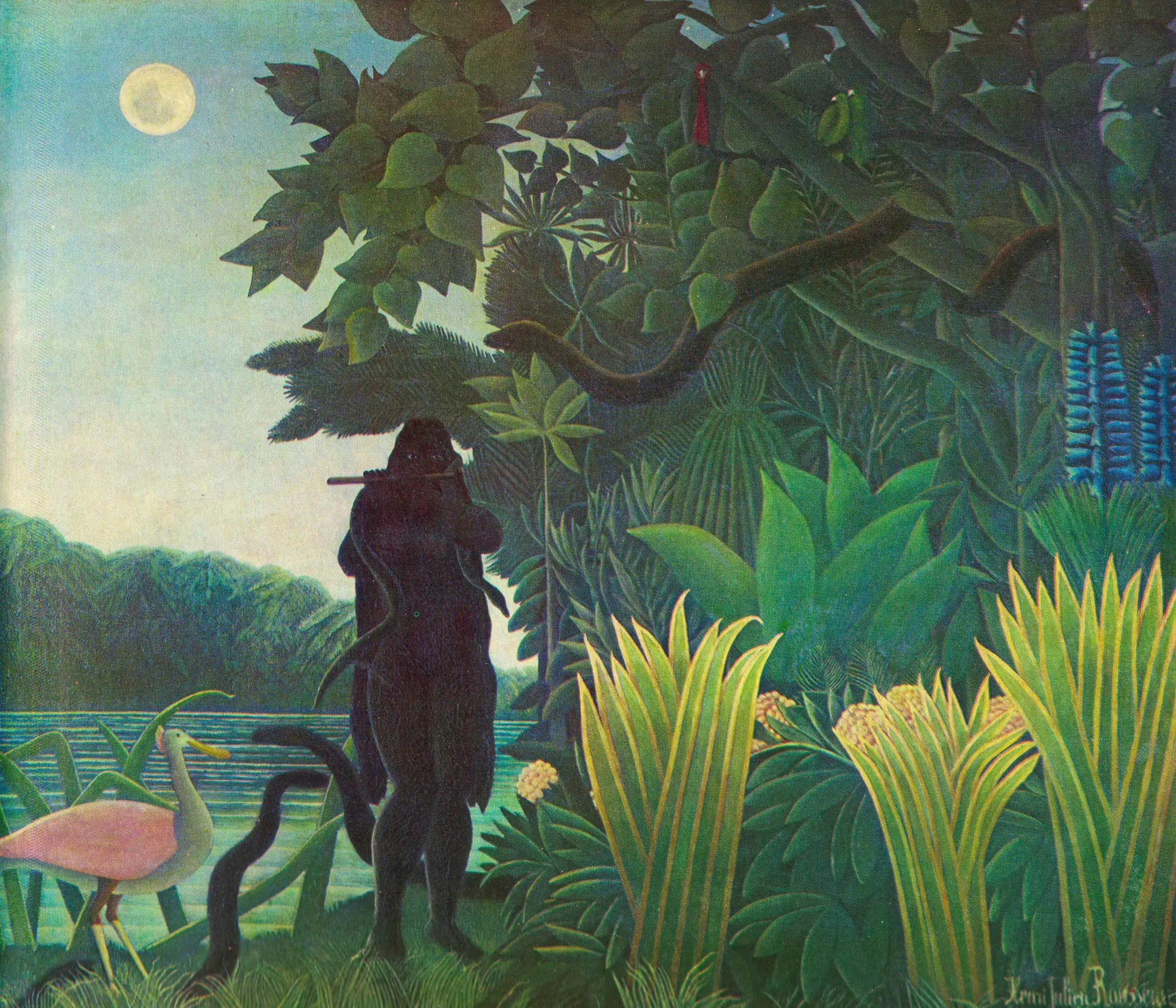 Illustration of a mysterious figure playing a flute in a lush jungle with a pink bird and coiled snake under a full moon.