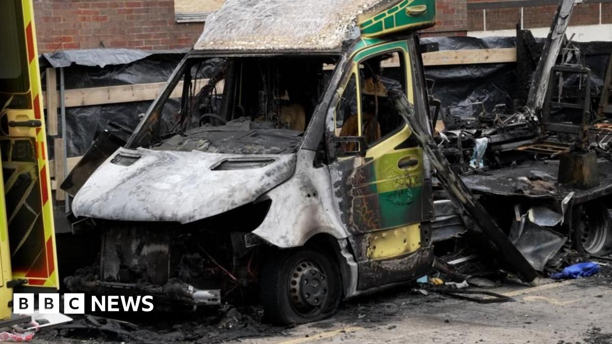The burnt out shell of one of the ambulances