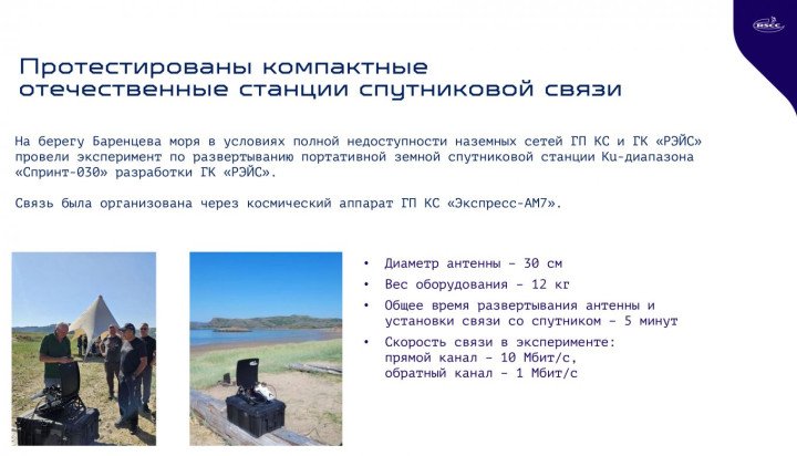 Presentation slide shows testing of the “Sprint-030” portable satellite station, demonstrating connectivity via the Express-AM7 satellite with reported speeds of up to 10 Mbps. (Source: GK REIS / RSCC)