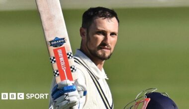 Ed Barnard celebrates scoring century