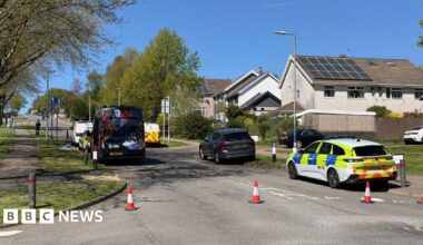 Police cars line a road in a residential street. Cones block the entrance to the road. Sun shines on the houses and there are green trees lining the pavement. A police car can be seen at the forefront of the image.