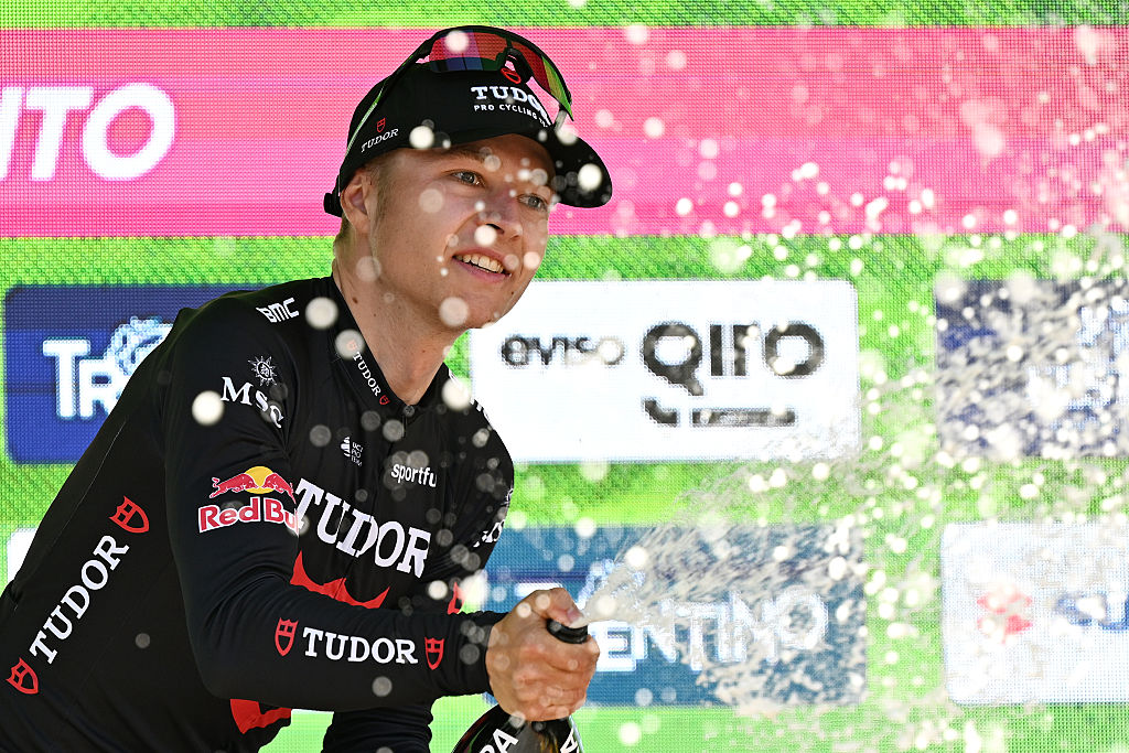 TRENTO, ITALY - APRIL 23: Lennart Jasch of Germany and Team Tudor Pro Cycling celebrates at podium as stage winner during the 48th Tour of the Alps 2026, Stage 4 a 167.8km stage from Arco to Trento on April 23, 2026 in Trento, Italy. (Photo by Tim de Waele/Getty Images)