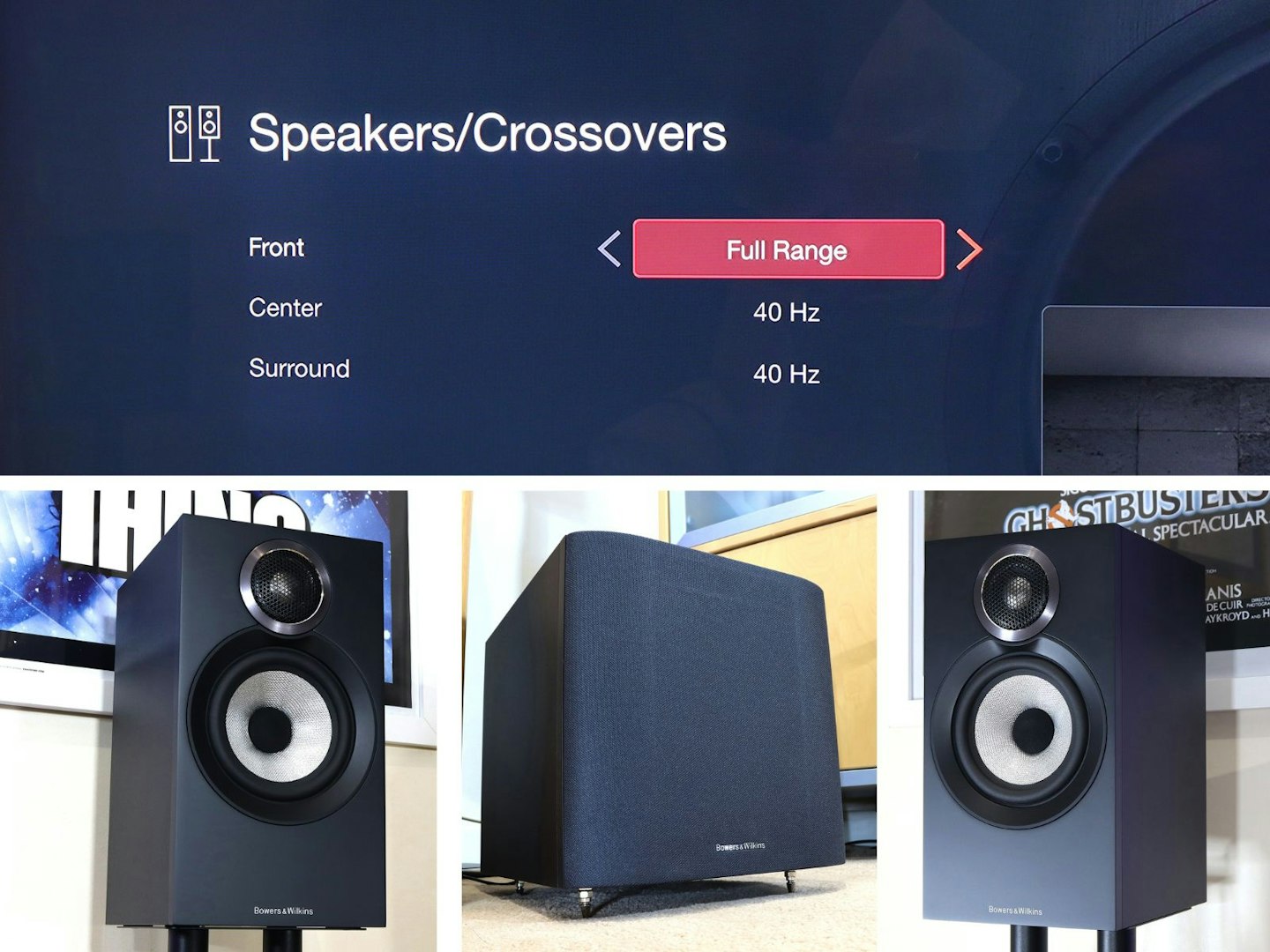 Denon AVR-X2800H Home Cinema Amplifier speaker crossover menu and B&W 607 speakers and sub in a living room