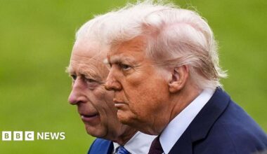 US President Donald Trump and King Charles side by side against a green background