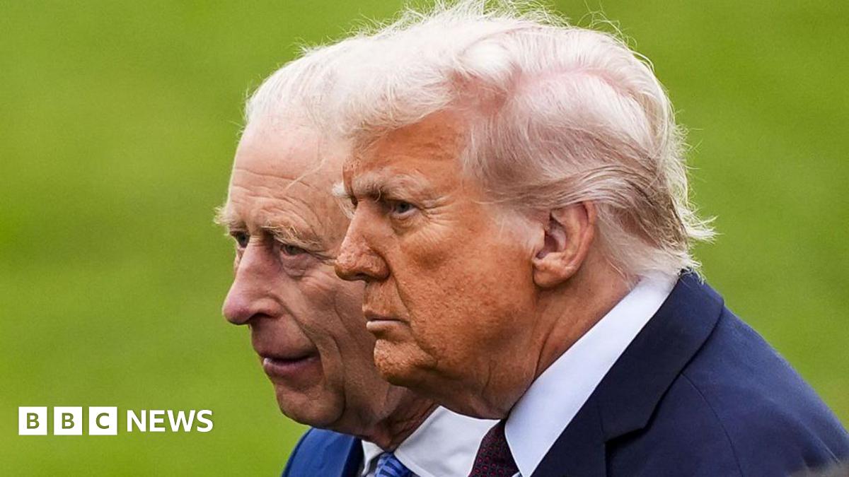 US President Donald Trump and King Charles side by side against a green background
