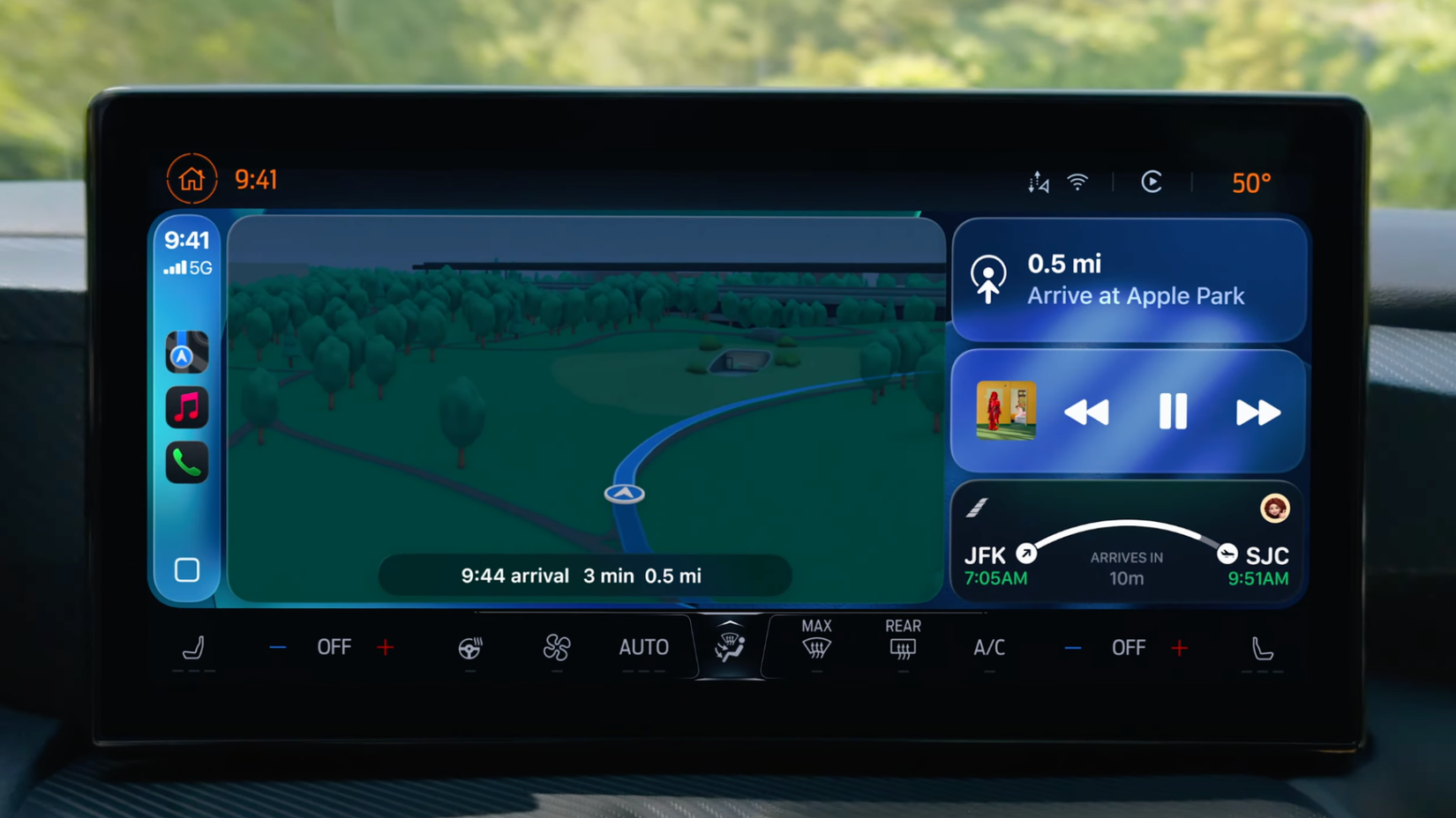 Screenshot of the iOS 26 CarPlay with Live Activities at the bottom right corner.