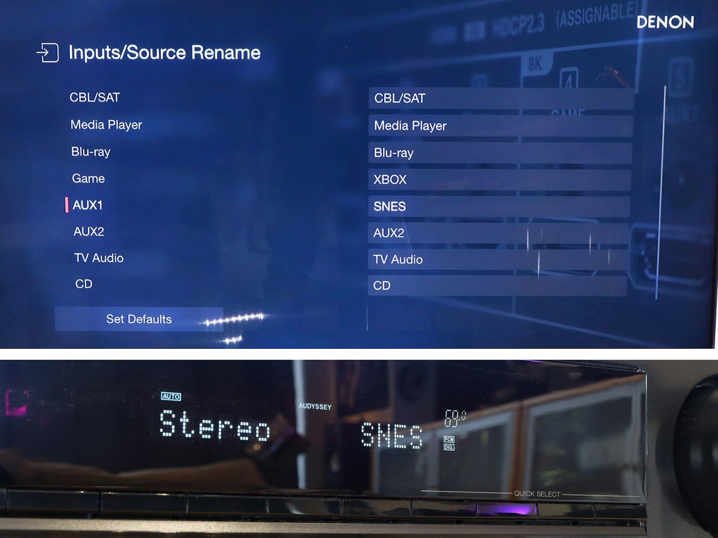 Denon AVR-X2800H Home Cinema Amplifier setup menu - input rename screen and amp display SNES