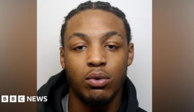 Dino Donaldson, a  young man with a goatee beard, stares into a camera for a police custody photo.