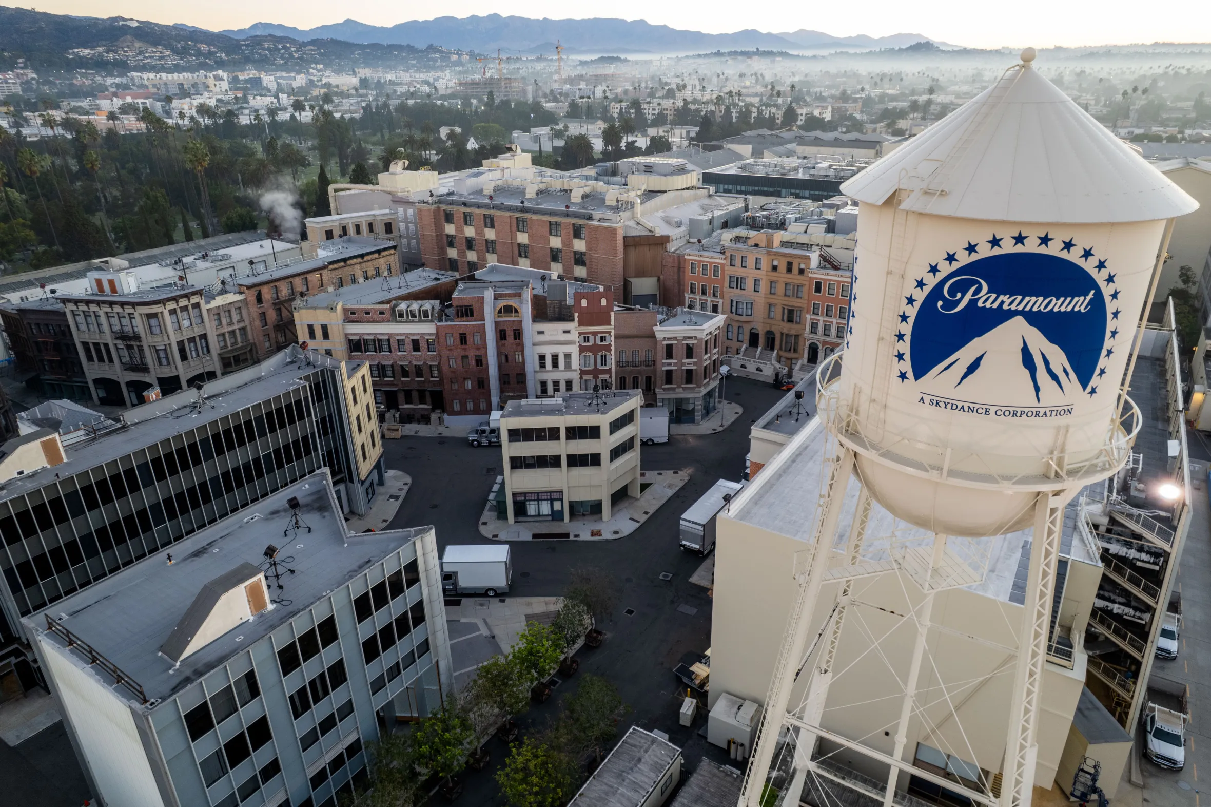 Aerial view of Paramount Studios in Los Angeles with a large water tower in the foreground.