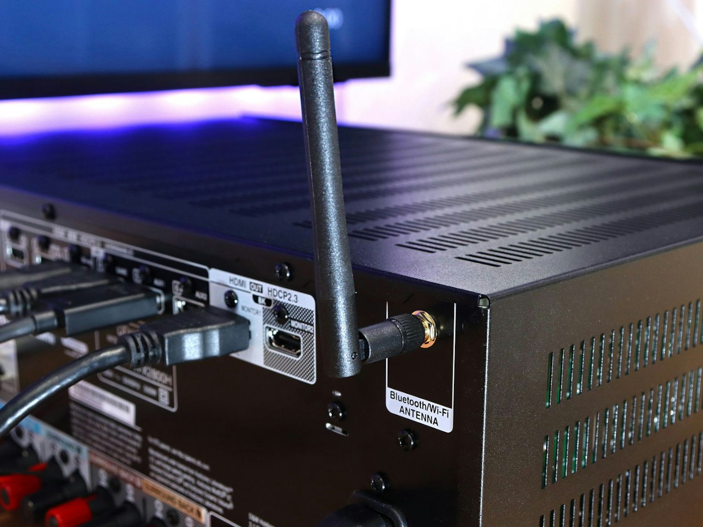 Denon AVR-X2800H Home Cinema Amplifier rear panel inputs and wifi antenna