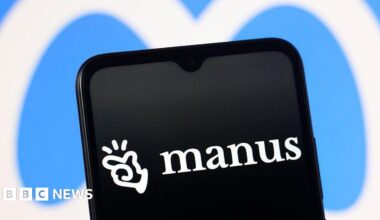 Manus logo displayed in white typeface on a black smartphone screen, with the blue and white Meta logo in the background behind it