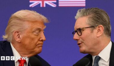 Donald Trump and Sir Keir Starmer speaking with a UK and USA flag behind them