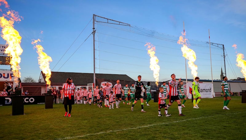 Derry City and Shamrock Rovers take to the field ahead of kick-off at Celtic Park. Photograph: Lorcan Doherty/Inpho