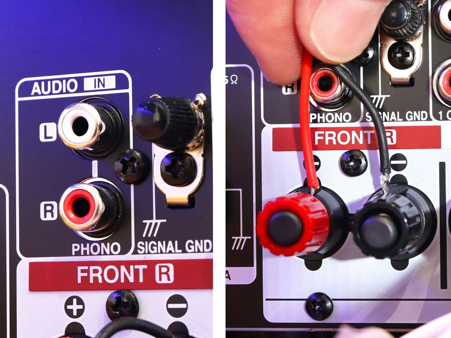 Denon AVR-X2800H Home Cinema Amplifier rear panel inputs and someone holding speaker wires next to terminal