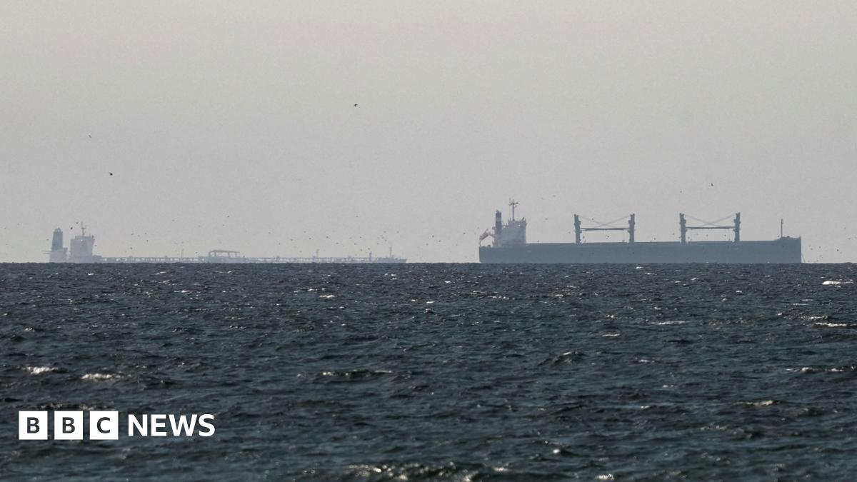 Ships and tankers sit in the water with high cliffs in the background