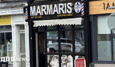 Shop front of a barber shop in Caerphilly County, south Wales. Marnaris barber shop was the scene of a mass brawl involving several men who were fighting over plans to open a new barber shop in nearby Newbridge.