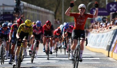 SCHOTEN, BELGIUM - APRIL 08: Charlotte Kool of Netherlands and Team Fenix-Premier Tech (R) celebrates at finish line as stage winner ahead of Nienke Veenhoven of Netherlands and Team Visma