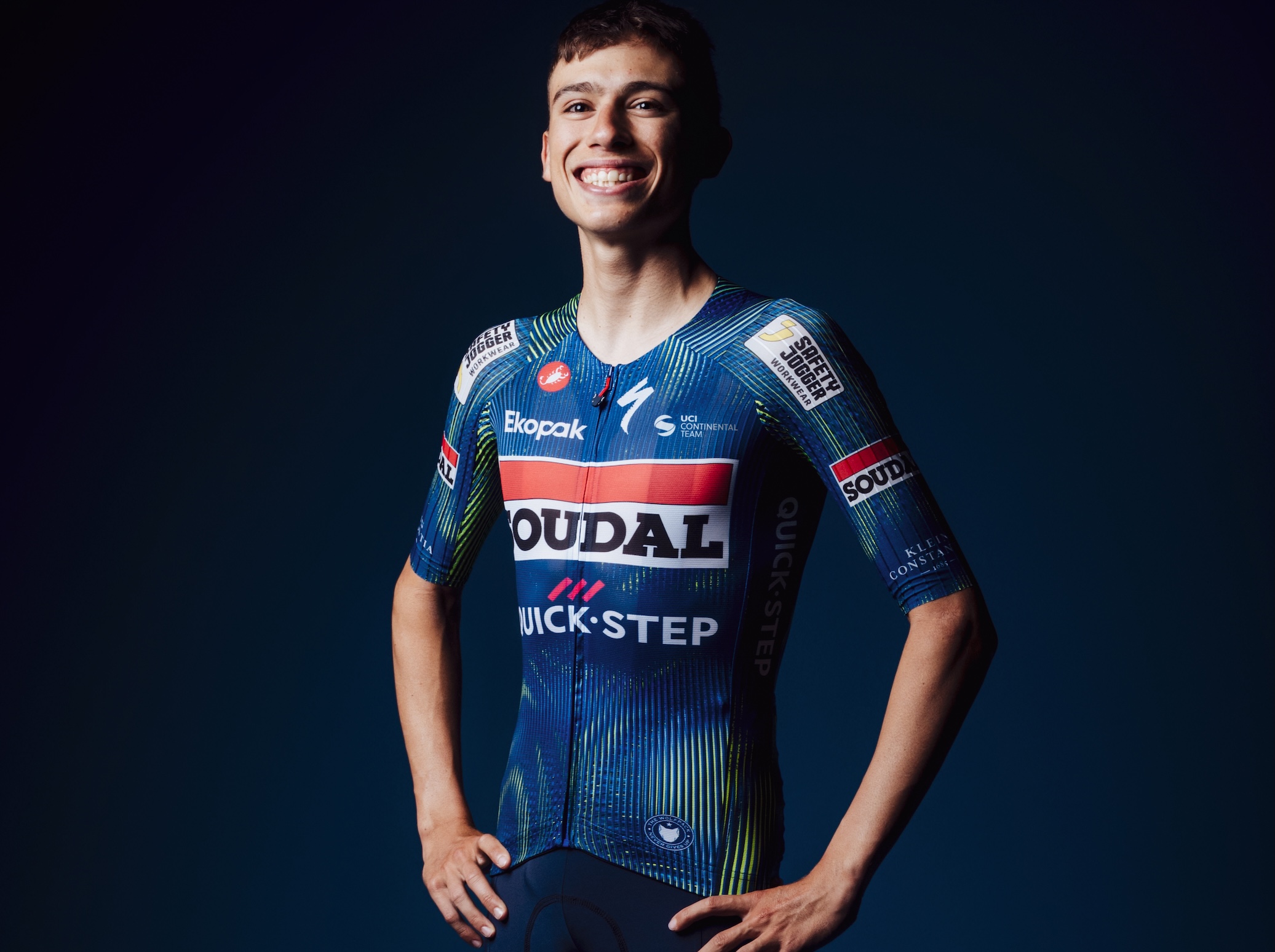 Brazil's Enrique Bravo wears the Soudal-QuickStep Development team kit in a team photo in 2026